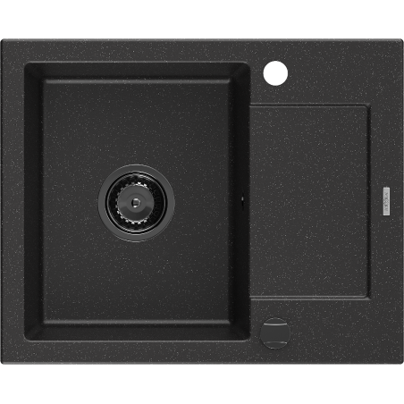 Mexen Enzo évier en granit 1 bac avec égouttoir 576 x 465 mm, noir/métallisé argenté, siphon noir - 6506571005-73-B