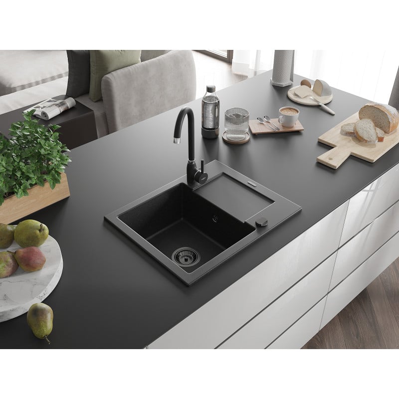 Mexen Enzo évier en granit 1 bac avec égouttoir 576 x 465 mm, noir/argent métallisé, siphon noir - 6506571005-73-B