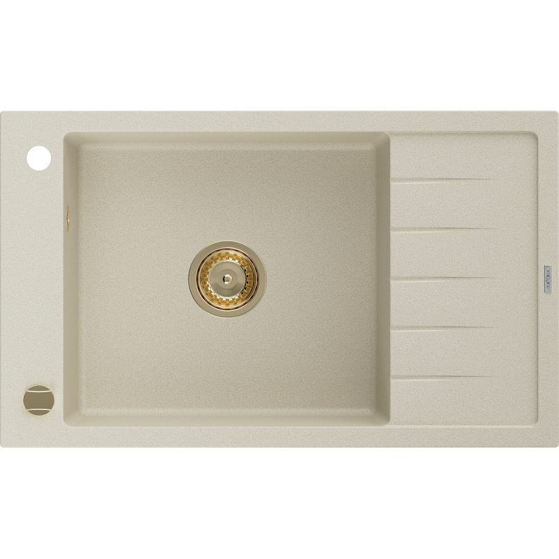 Mexen Elias évier en granit à 1 cuve avec égouttoir 795 x 480 mm, Beige, siphon Or - 6511791005-69-G
