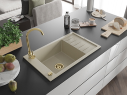 Mexen Elias évier en granit à 1 cuve avec égouttoir 795 x 480 mm, Beige, siphon Or - 6511791005-69-G
