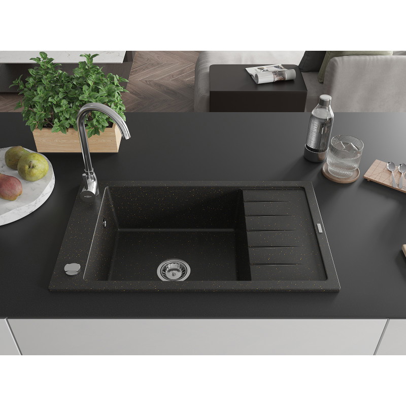 Mexen Elias Évier de cuisine en granit 1 bac avec égouttoir 795 x 480 mm, noir/doré métallique, siphon chromé