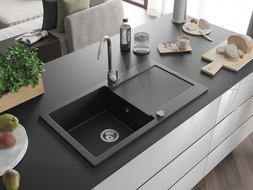 Mexen Leo évier en granit à 1 cuve avec égouttoir 900 x 500 mm, Noir/Argent métallique - 6501901010-73