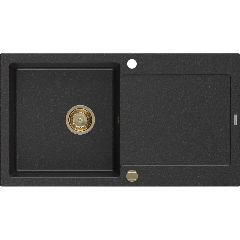 Mexen Leo évier en granit à 1 bac avec égouttoir 900 x 500 mm, noir/argent métallisé, siphon doré - 6501901010-73-G