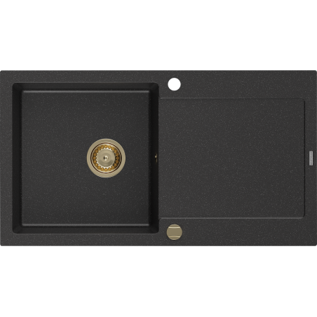 Mexen Leo évier en granit à 1 cuve avec égouttoir 900 x 500 mm, Noir/ Argent métallique, siphon Or - 6501901010-73-G