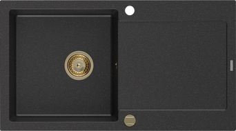 Mexen Leo évier en granit 1 bac avec égouttoir 900 x 500 mm, noir/argent métallisé, siphon doré - 6501901010-73-G