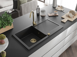 Mexen Leo évier en granit à 1 cuve avec égouttoir 900 x 500 mm, Noir/ Argent métallique, siphon Or - 6501901010-73-G