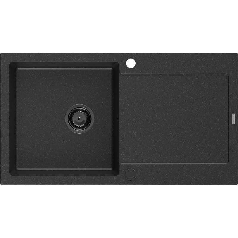 Mexen Leo évier en granit 1 bac avec égouttoir 900 x 500 mm, noir/argent métallique, siphon noir - 6501901010-73-B