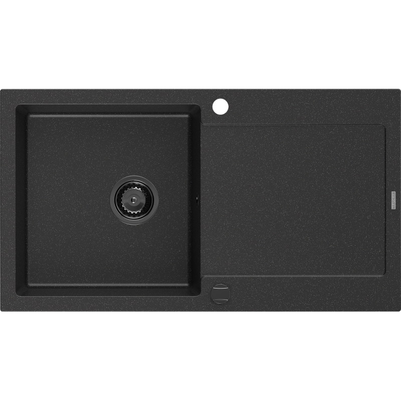 Mexen Leo Évier en granit 1 bac avec égouttoir 900 x 500 mm, noir/métallisé argent, siphon noir - 6501901010-73-B