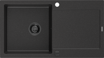 Mexen Leo évier en granit 1 cuve avec égouttoir 900 x 500 mm, noir/argent métallisé, siphon noir - 6501901010-73-B