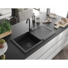 Mexen Leo évier en granit 1 bac avec égouttoir 900 x 500 mm, noir/argent métallique, siphon noir - 6501901010-73-B