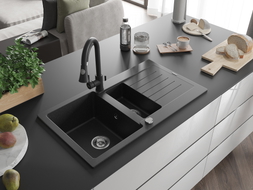 Mexen Matias évier en granit 1,5 bac avec égouttoir 900 x 505 mm, noir/argent métallique, siphon chromé - 6502901505-73