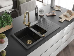 Mexen Matias évier en granit à 1,5 cuvette avec égouttoir 900 x 505 mm, Noir/ Argent métallique, siphon Or - 6502901505-73-G