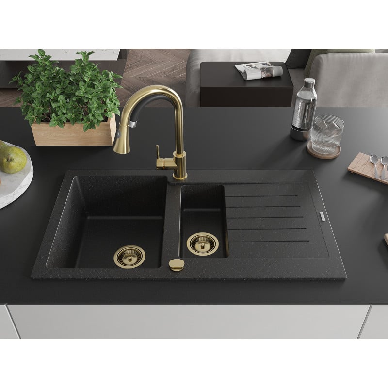 Mexen Matias évier en granit 1,5 bac avec égouttoir 900 x 505 mm, noir/argent métallique, siphon doré - 6502901505-73-G
