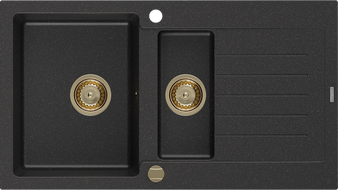 Mexen Matias évier en granit 1,5 bac avec égouttoir 900 x 505 mm, noir/argent métallique, siphon doré - 6502901505-73-G