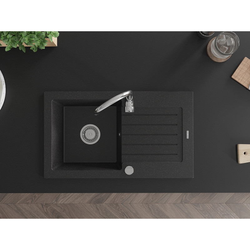 Mexen Pablo évier granitique 1 bac avec égouttoir 752 x 436 mm, noir/argent métallique, siphon chromé - 6510751010-73