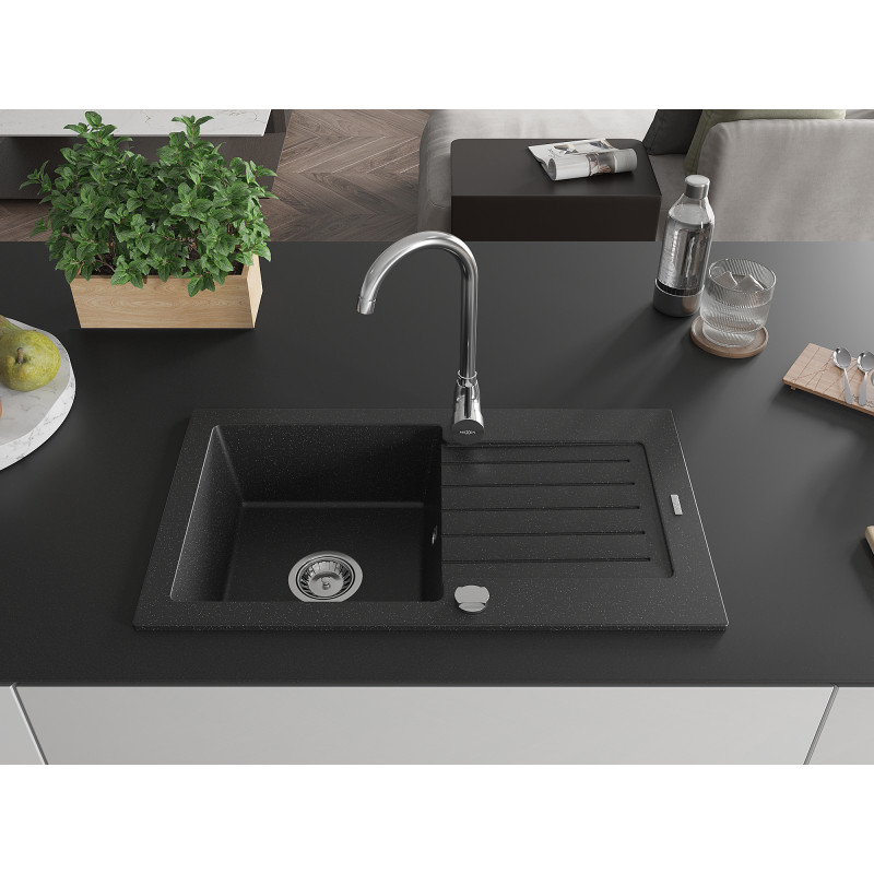 Mexen Pablo évier granitique 1 bac avec égouttoir 752 x 436 mm, noir/argent métallique, siphon chromé - 6510751010-73