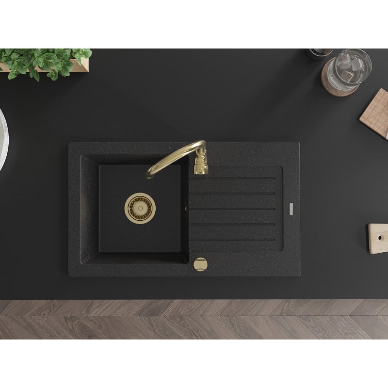 Mexen Pablo évier de cuisine en granit 1 bac avec égouttoir 752 x 436 mm, noir/argent métallique, siphon doré