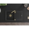 Mexen Pablo évier en granit 1 bac avec égouttoir 752 x 436 mm, noir/métallisé argenté, siphon doré - 6510751010-73-G