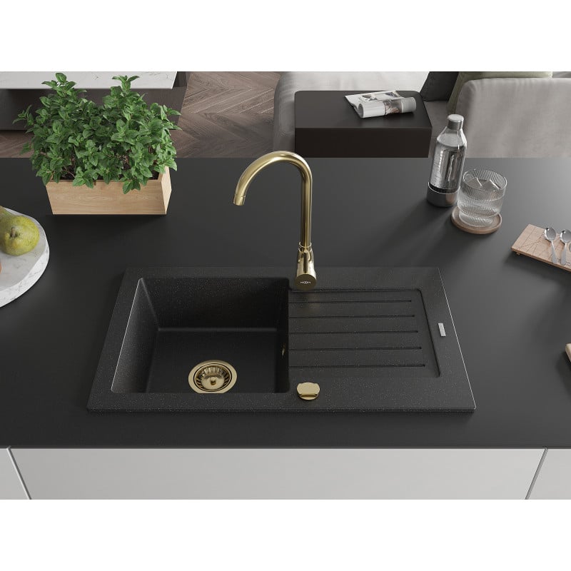 Mexen Pablo évier de cuisine en granit 1 bac avec égouttoir 752 x 436 mm, noir/argent métallique, siphon doré