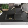 Mexen Pablo évier de cuisine en granit 1 bac avec égouttoir 752 x 436 mm, noir/argent métallique, siphon doré