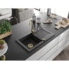 Mexen Pablo évier de cuisine en granit 1 bac avec égouttoir 752 x 436 mm, noir/argent métallique, siphon doré