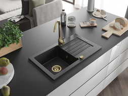 Mexen Pablo évier en granit à 1 cuve avec égouttoir 752 x 436 mm, Noir/ Argent métallique, siphon Or - 6510751010-73-G