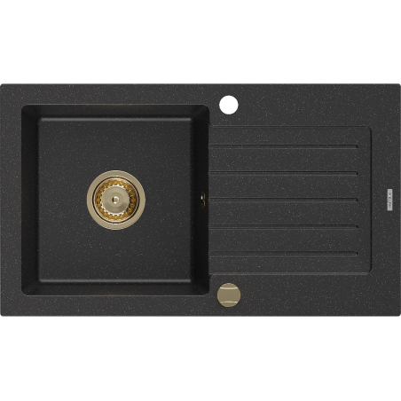 Mexen Pablo évier de cuisine en granit 1 bac avec égouttoir 752 x 436 mm, noir/argent métallique, siphon doré