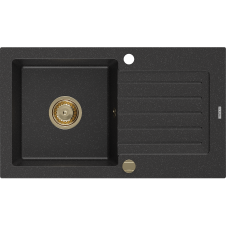 Mexen Pablo évier en granit à 1 cuve avec égouttoir 752 x 436 mm, Noir/ Argent métallique, siphon Or - 6510751010-73-G