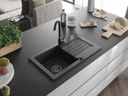 Mexen Pablo évier de cuisine en granit 1 bac avec égouttoir 752 x 436 mm, noir/argent métallisé, siphon noir - 6510751010-73-B