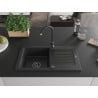 Mexen Pablo évier de cuisine en granit 1 bac avec égouttoir 752 x 436 mm, noir/argent métallisé, siphon noir - 6510751010-73-B