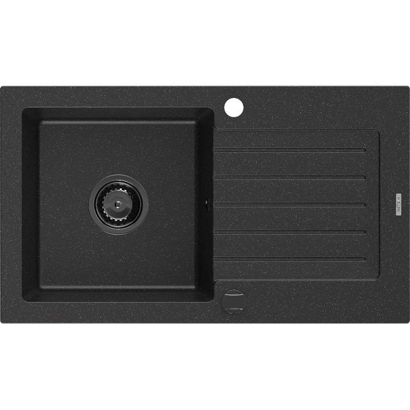 Mexen Pablo évier en granit 1 bac avec égouttoir 752 x 436 mm, noir/argent métallisé, siphon noir - 6510751010-73-B