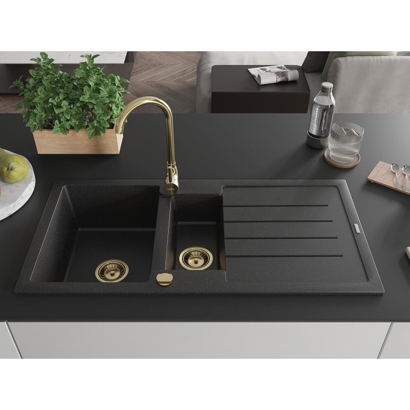Mexen Andres évier en granit 1,5 bac avec égouttoir 1000 x 500 mm noir/argent métallique, siphon doré - 6515101510-73-G