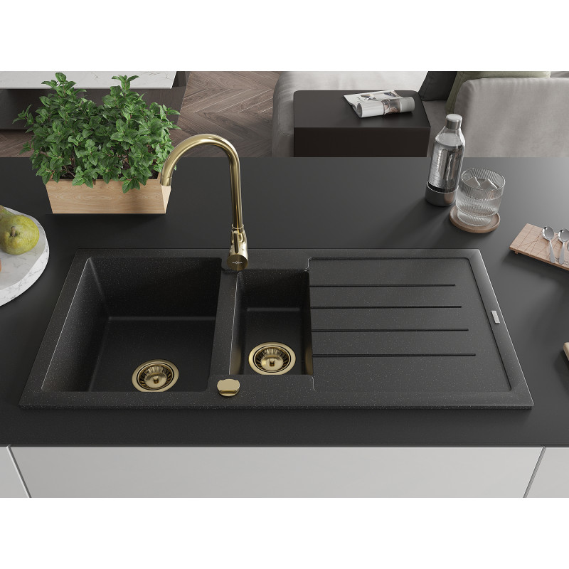 Mexen Andres évier en granit 1,5 bac avec égouttoir 1000 x 500 mm noir/argent métallisé, siphon doré - 6515101510-73-G