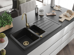 Mexen Andres évier en granit à 1,5 cuvette avec égouttoir 1000 x 500 mm Noir/ Argent métallique, siphon Or - 6515101510-73-G