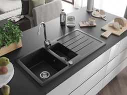 Mexen Andres évier en granit 1,5 bac avec égouttoir 1000 x 500 mm, noir/argent métallique, siphon chromé - 6515101510-73