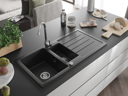 Mexen Andres évier en granit à 1,5 cuvette avec égouttoir 1000 x 500 mm, Noir/Argent métallique - 6515101510-73