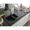 Mexen Andres évier en granit 1,5 bac avec égouttoir 1000 x 500 mm noir/argent métallisé siphon noir - 6515101510-73-B