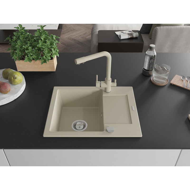 Mexen Enzo évier en granit à 1 bac avec égouttoir et robinet de cuisine Duero, beige - 6506-69-671600-69