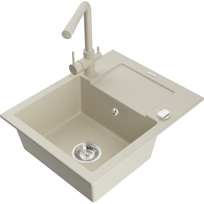 Mexen Enzo évier en granit 1 bac avec égouttoir et robinet de cuisine Duero, beige - 6506-69-671600-69