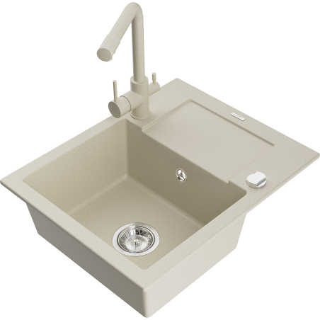 Mexen Enzo évier en granit 1 bac avec égouttoir et robinet de cuisine Duero, beige - 6506-69-671600-69