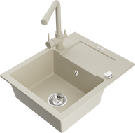 Mexen Enzo évier en granit 1 bac avec égouttoir et robinet de cuisine Duero, beige - 6506-69-671600-69