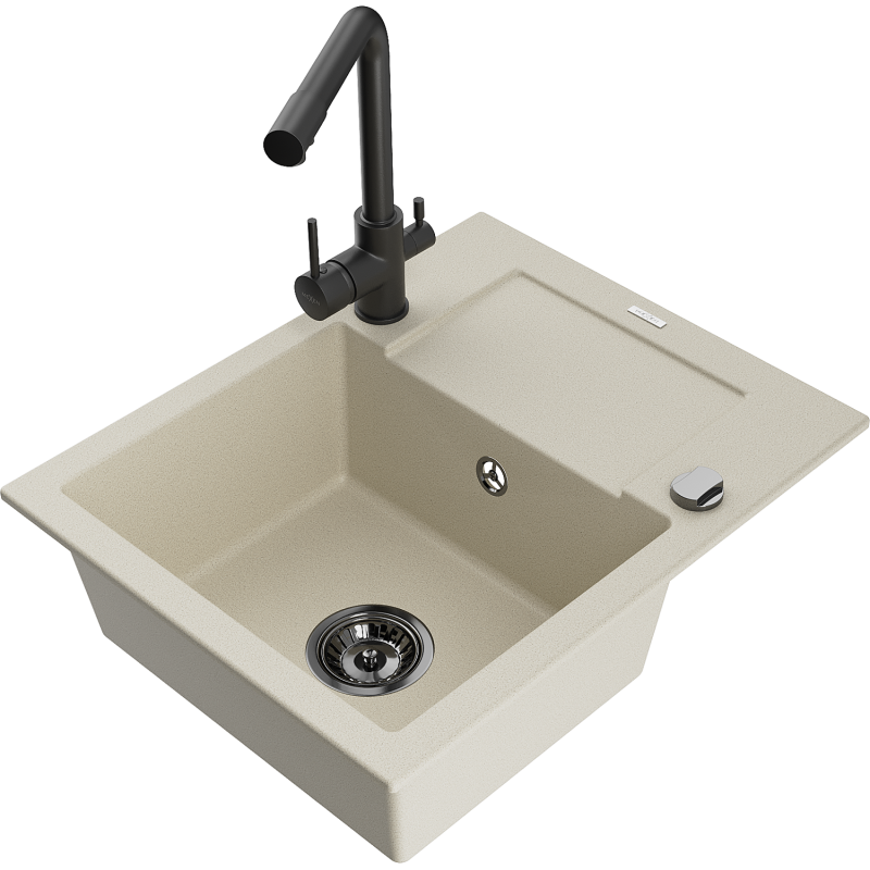 Mexen Enzo évier en granit 1 bac avec égouttoir et robinet de cuisine Duero, beige - 6506-69-671600-70