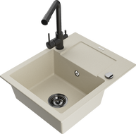 Mexen Enzo évier en granit 1 bac avec égouttoir et robinet de cuisine Duero, beige - 6506-69-671600-70