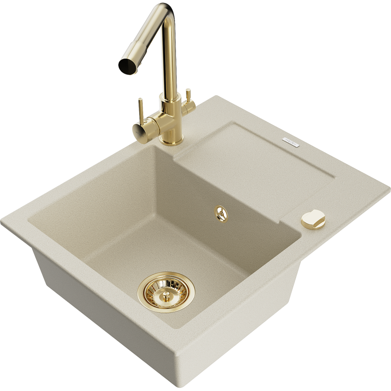 Mexen Enzo évier en granit 1 bac avec égouttoir et robinet de cuisine Duero, beige - 6506-69-671600-50