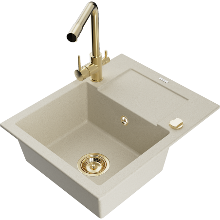 Mexen Enzo évier en granit 1 bac avec égouttoir et robinet de cuisine Duero, beige - 6506-69-671600-50