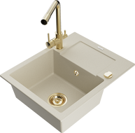 Mexen Enzo évier en granit 1 bac avec égouttoir et robinet de cuisine Duero, beige - 6506-69-671600-50