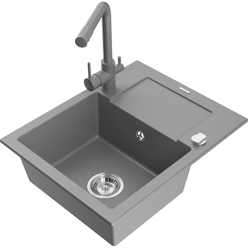 Mexen Enzo évier en granit 1-bassin avec égouttoir et robinet de cuisine Duero, gris - 6506-71-671600-71