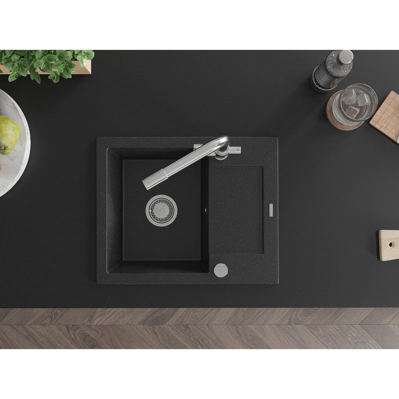 Mexen Enzo évier en granit à un bac avec égouttoir et robinet de cuisine Duero, noir/métallisé argent - 6506-73-671600-00