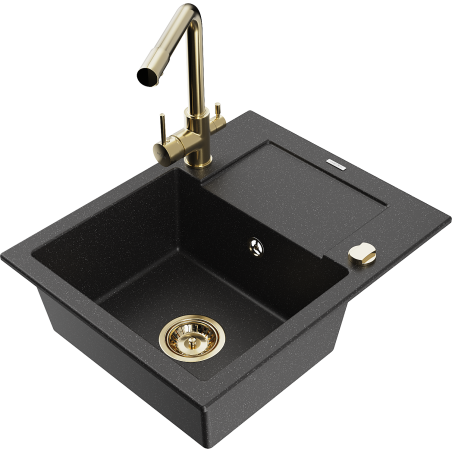Mexen Enzo évier en granit 1 bac avec égouttoir et robinet de cuisine Duero, noir/métallisé argenté - 6506-73-671600-50