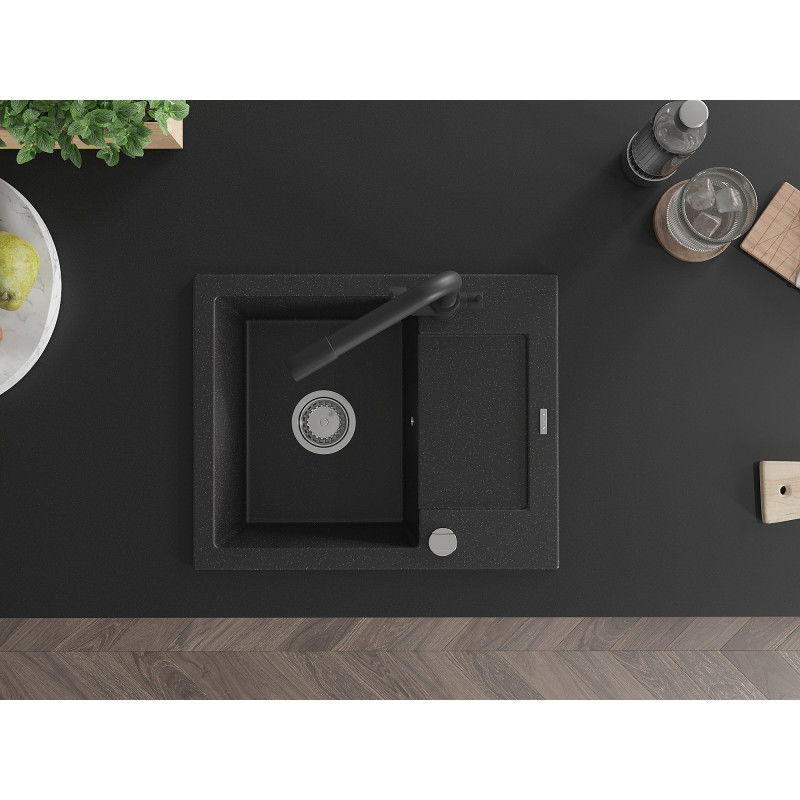 Mexen Enzo évier en granit à 1 bac avec égouttoir et robinet de cuisine Duero, noir/métal argenté - 6506-73-671600-70